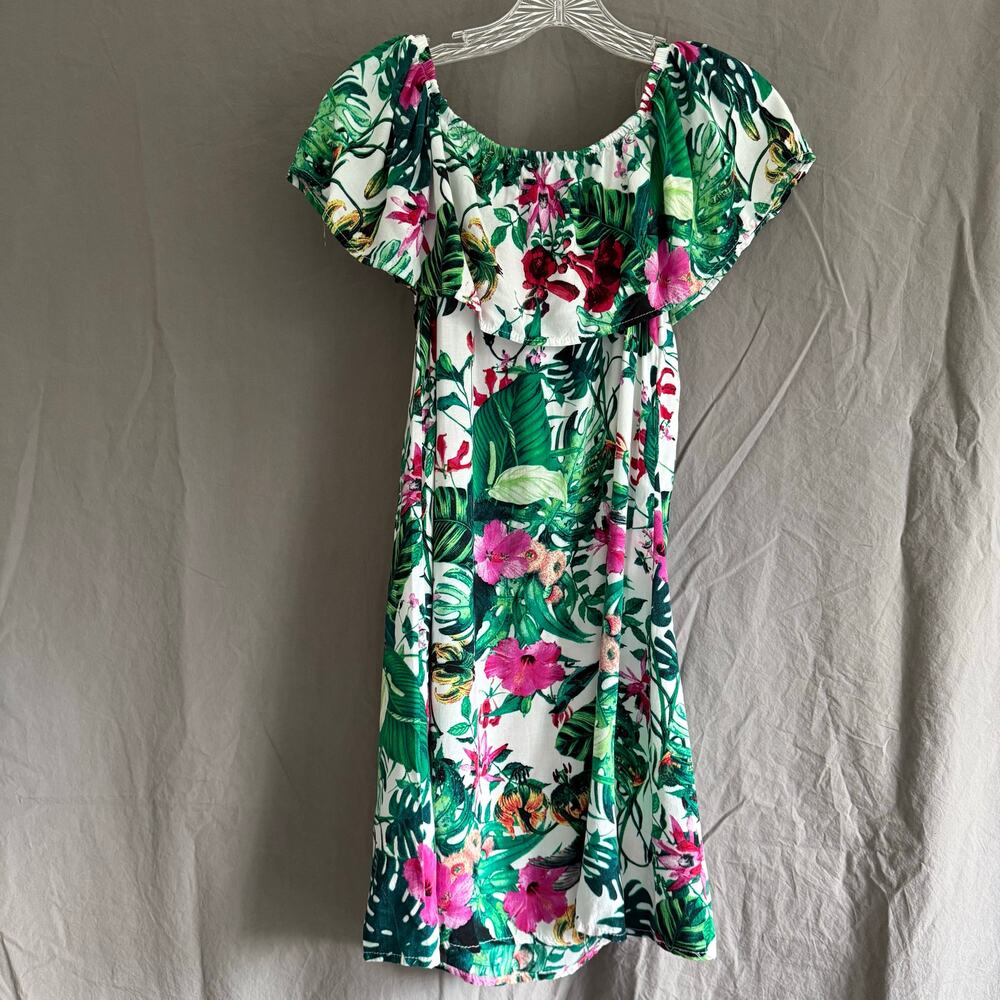 IRIS Tropical Floral Mini Dress Rayon Off Shoulder Resortwear Women's Size Small - Picture 8 of 10